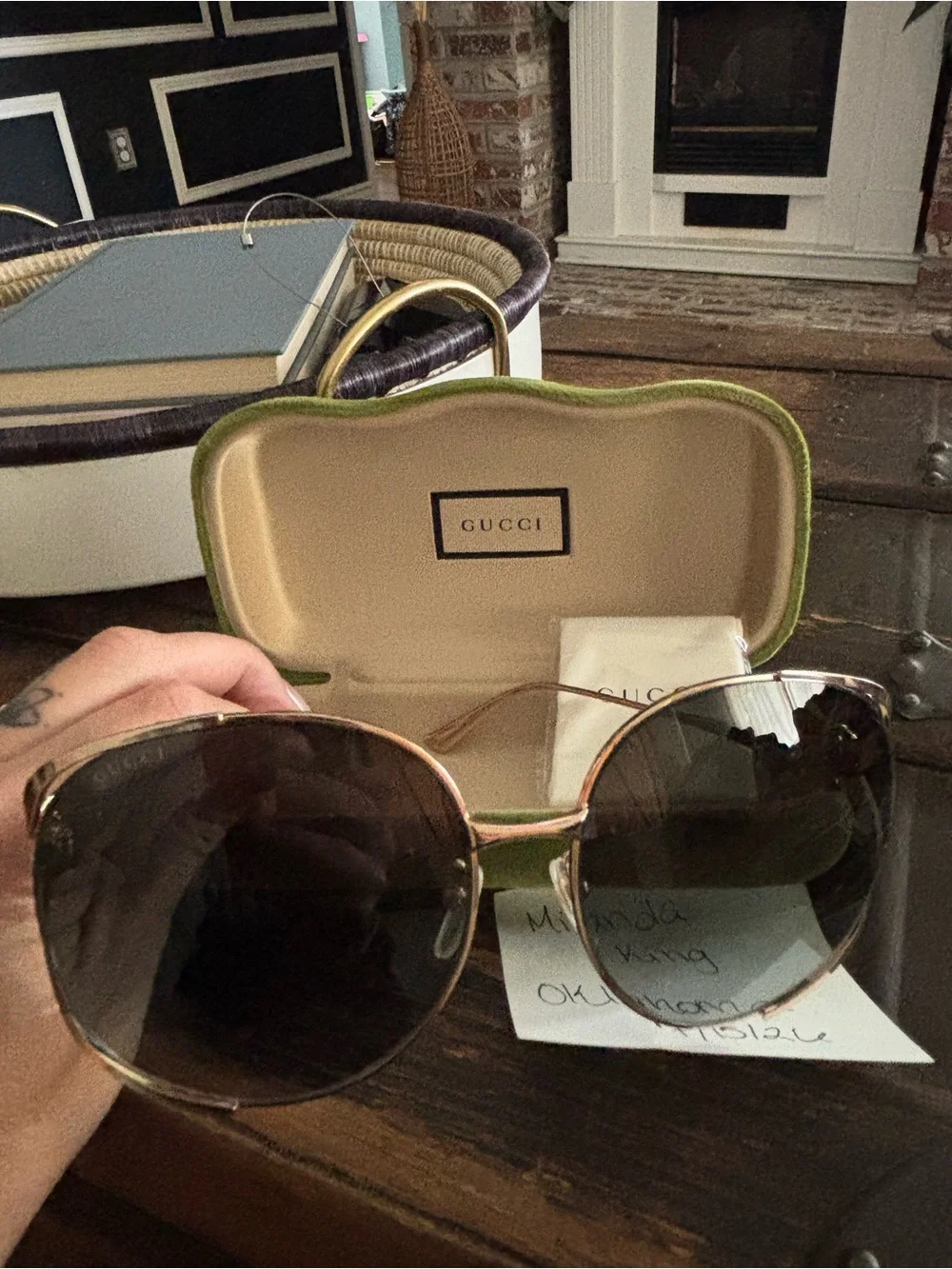 Gucci Gold Frame Sunglasses with Dark Gray Lenses and Green Case